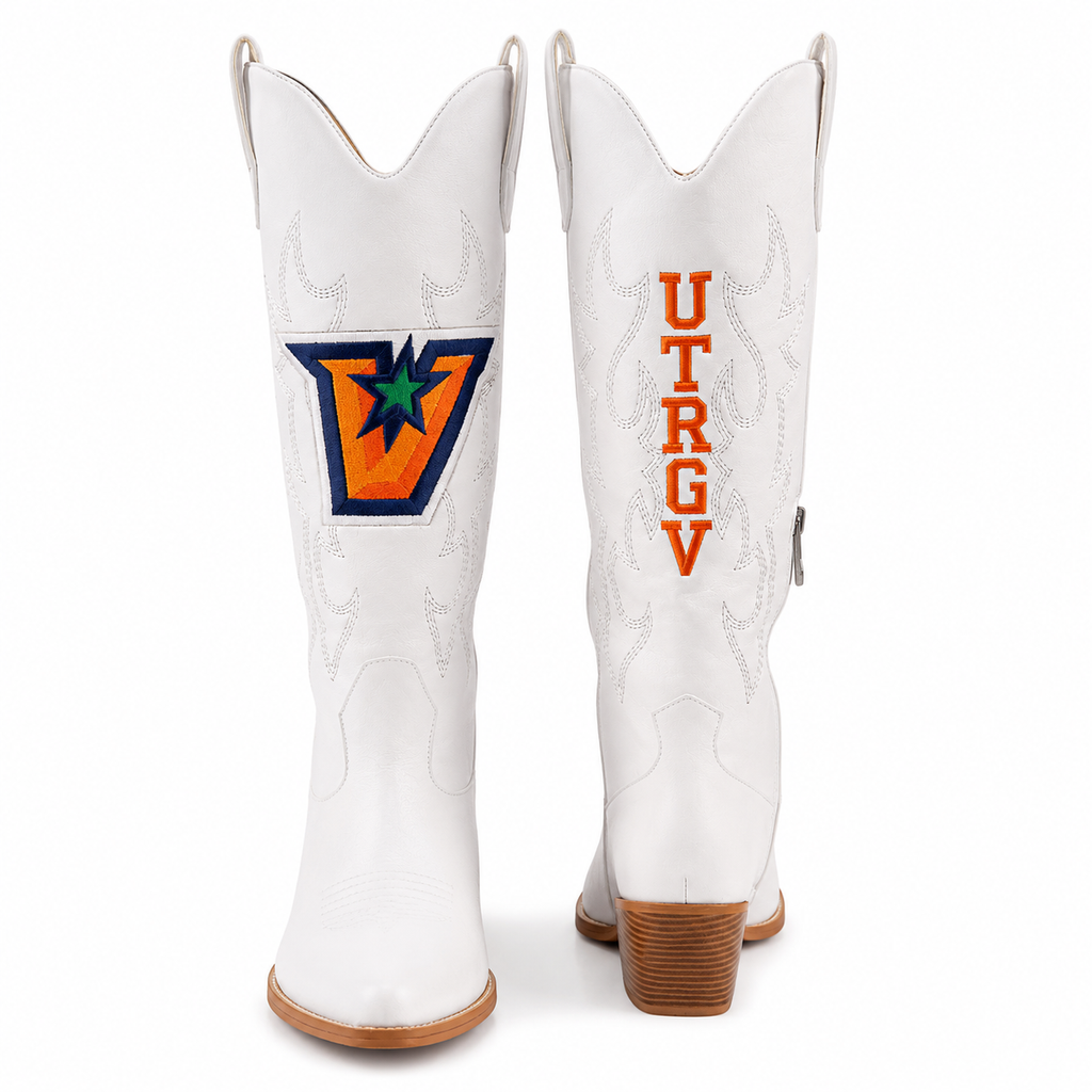 UTRGV™ Full Color V Logo Embroidered White Western Boots | Official Licensed Footwear