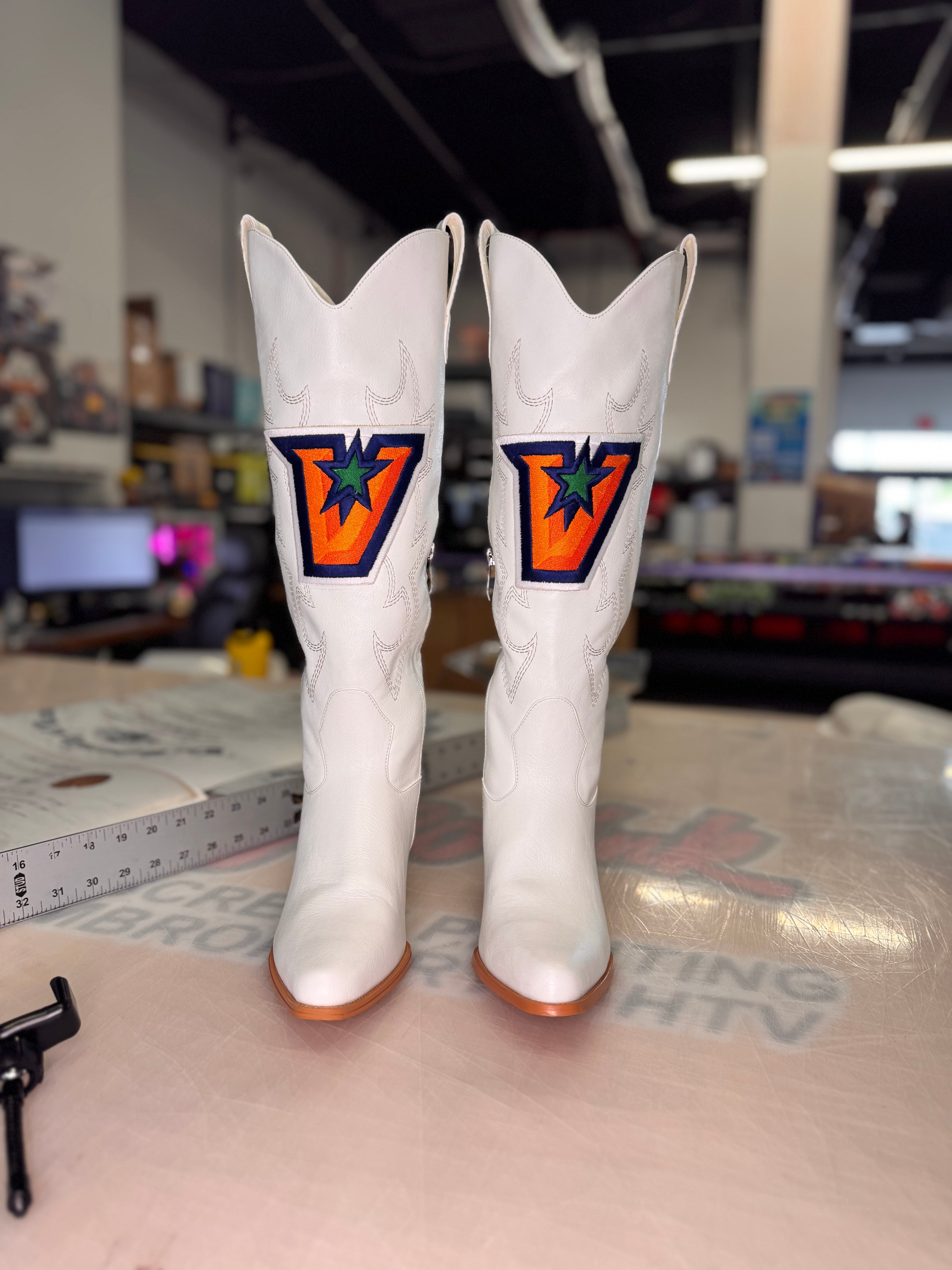 UTRGV™ Full Color V Logo Embroidered White Western Boots | Official Licensed Footwear