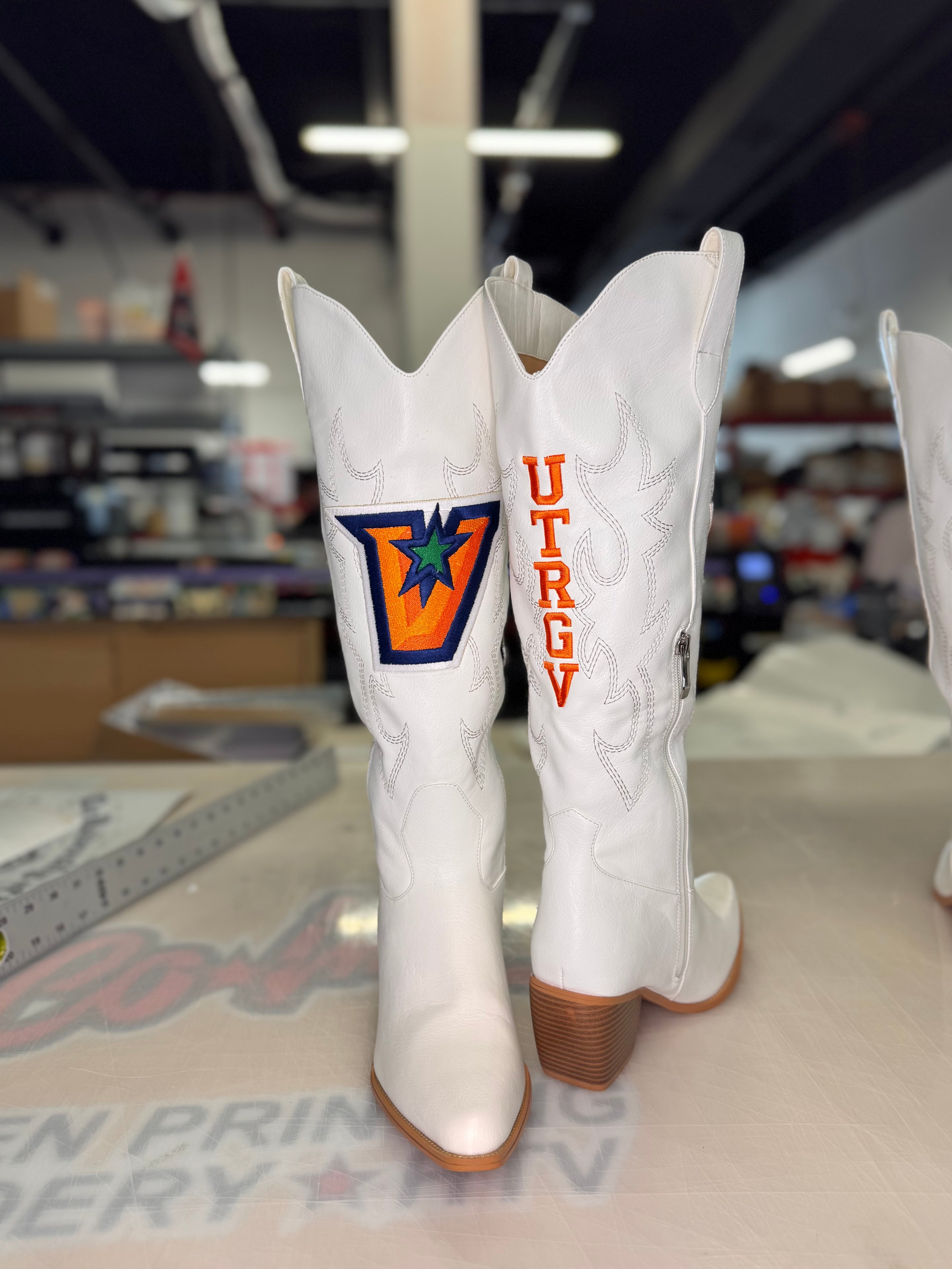 UTRGV™ Full Color V Logo Embroidered White Western Boots | Official Licensed Footwear