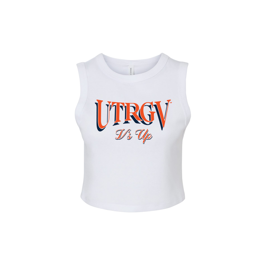 UTRGV™ V’s Up Script Crop Tank - White | Official Licensed Apparel