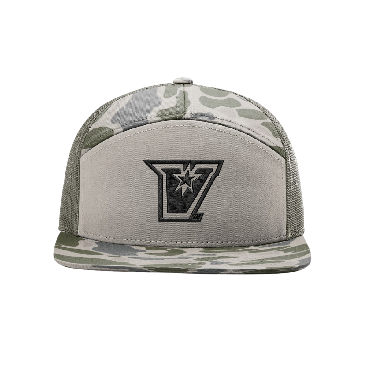 UTRGV™ Vaquero Valor Embroidered V Logo Black 7 Panel Cap - Duck Camo | Official Licensed Headwear