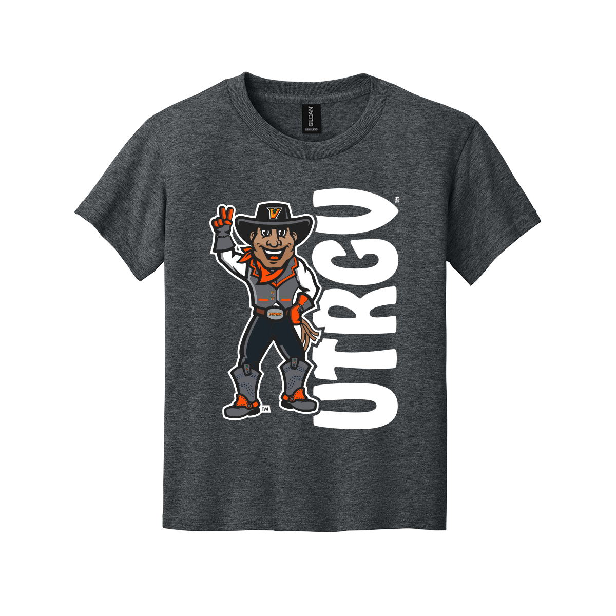UTRGV™ Full Body Vaquero Mascot Youth T-Shirt - Dark Heather | Official Licensed Apparel