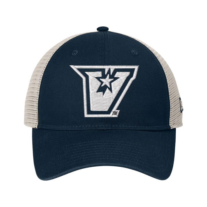 UTRGV™ Embroidered White V-Logo Unstructured Mesh Snapback Cap - Navy/White | Official Licensed Apparel