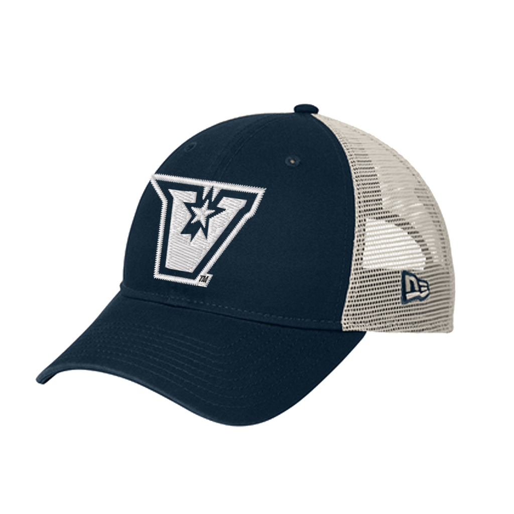 UTRGV™ Embroidered White V-Logo Unstructured Mesh Snapback Cap - Navy/White | Official Licensed Apparel