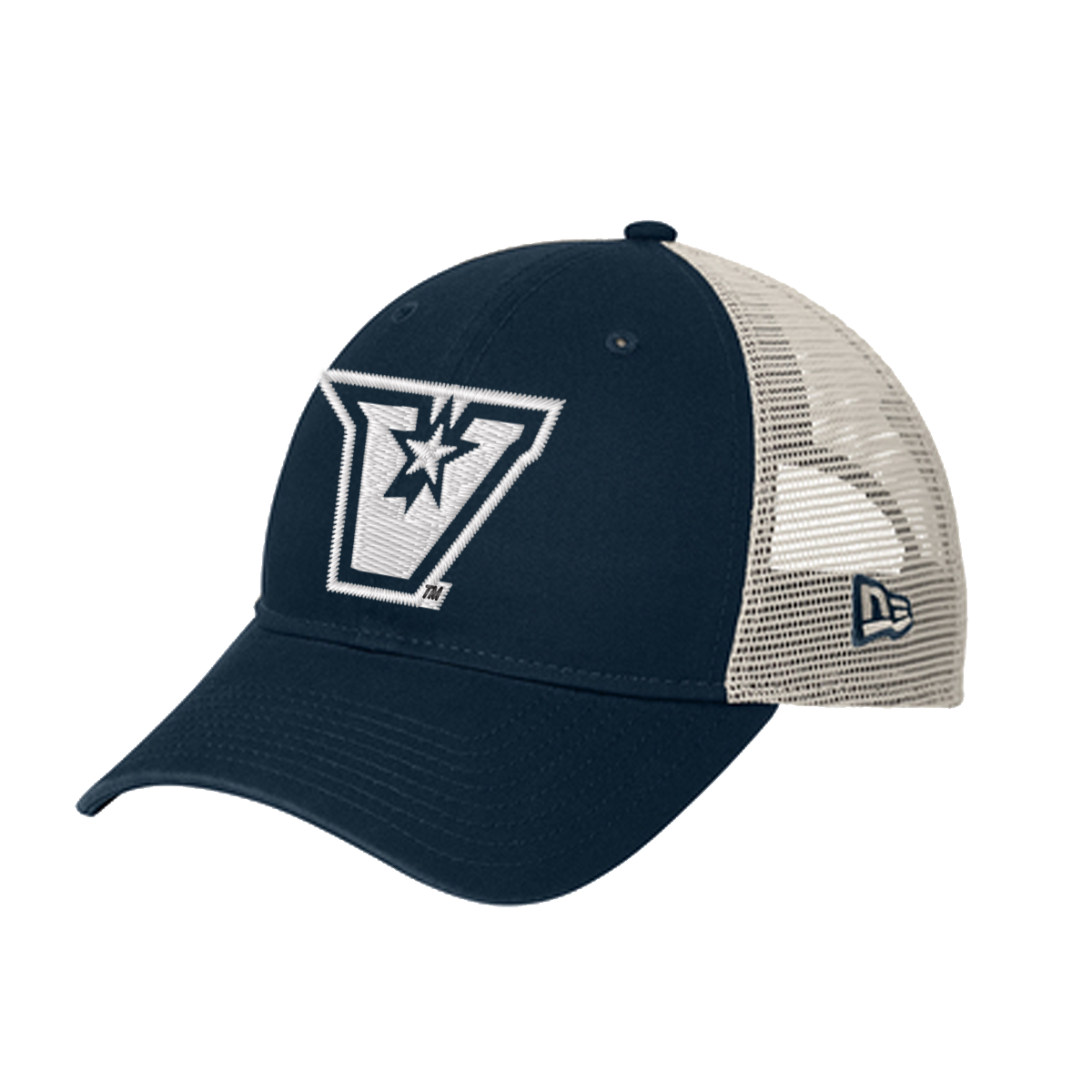 UTRGV™ Embroidered White V-Logo Unstructured Mesh Snapback Cap - Navy/White | Official Licensed Apparel