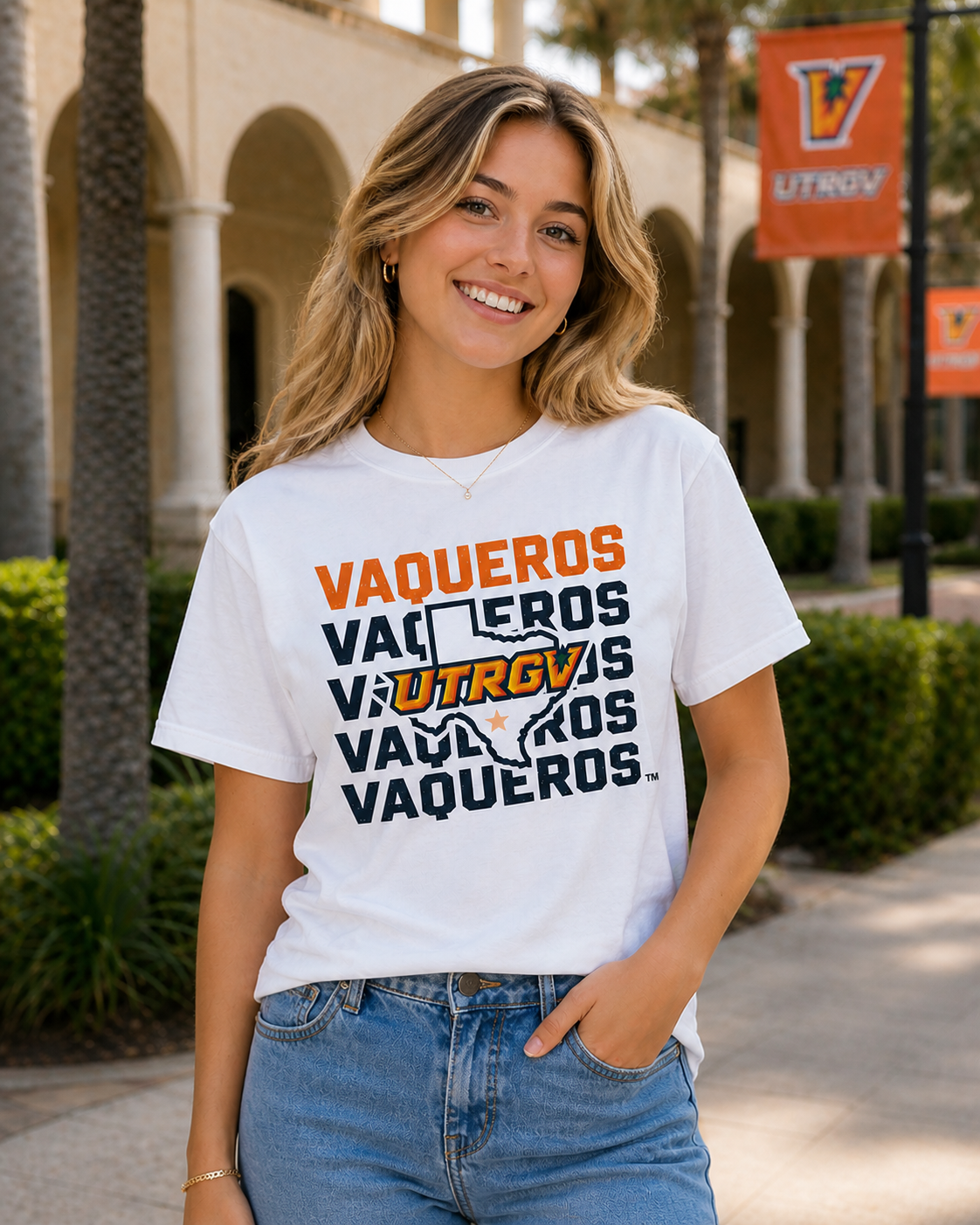 UTRGV™ Stacked Type Texas Logo Performance T-Shirt - White | Official Licensed Apparel