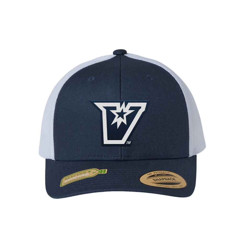 UTRGV™ - Embroidered V-Logo - YP Classics® 5-Panel Classic Trucker Mesh Back Cap – Navy/White