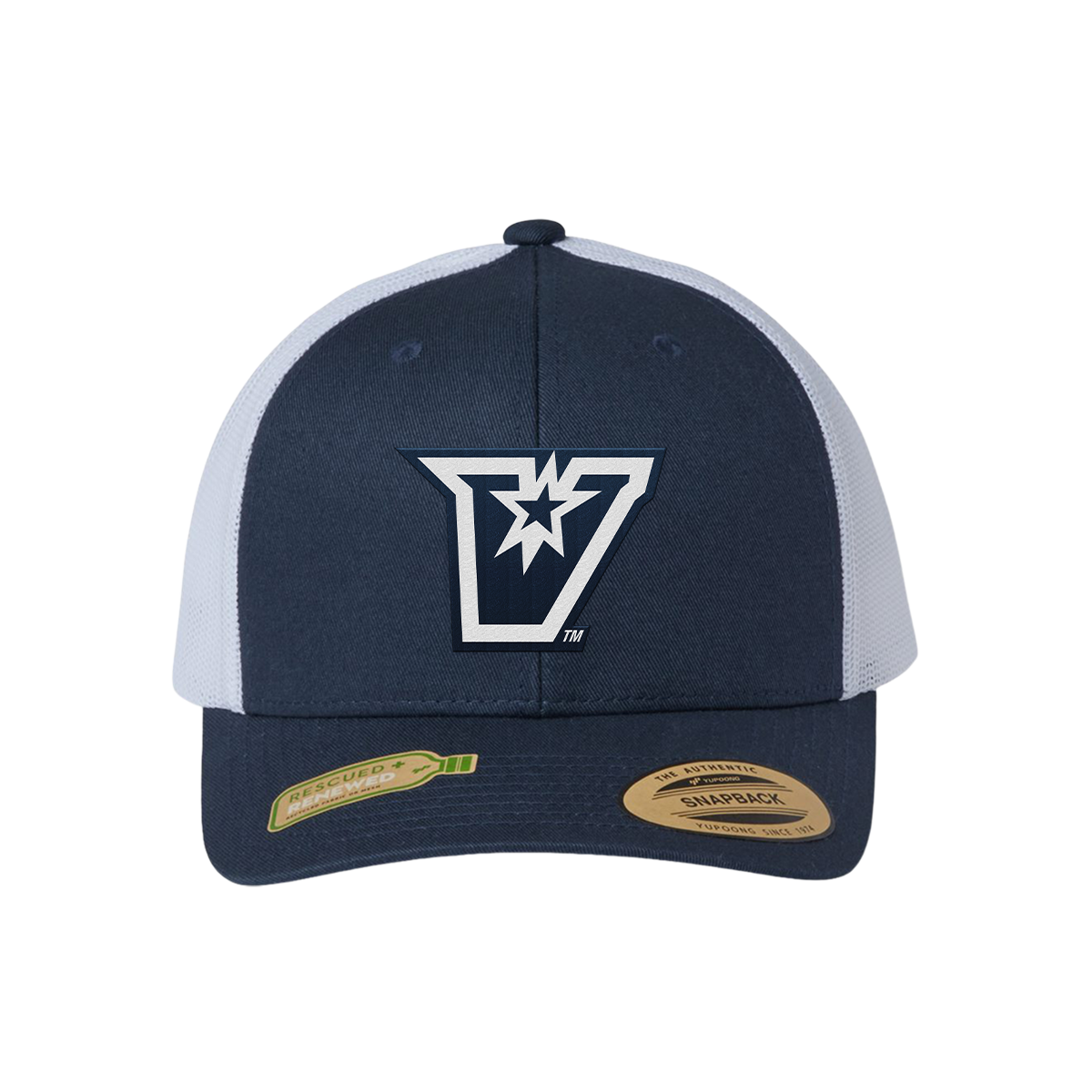 UTRGV™ - Embroidered V-Logo - YP Classics® 5-Panel Classic Trucker Mesh Back Cap – Navy/White
