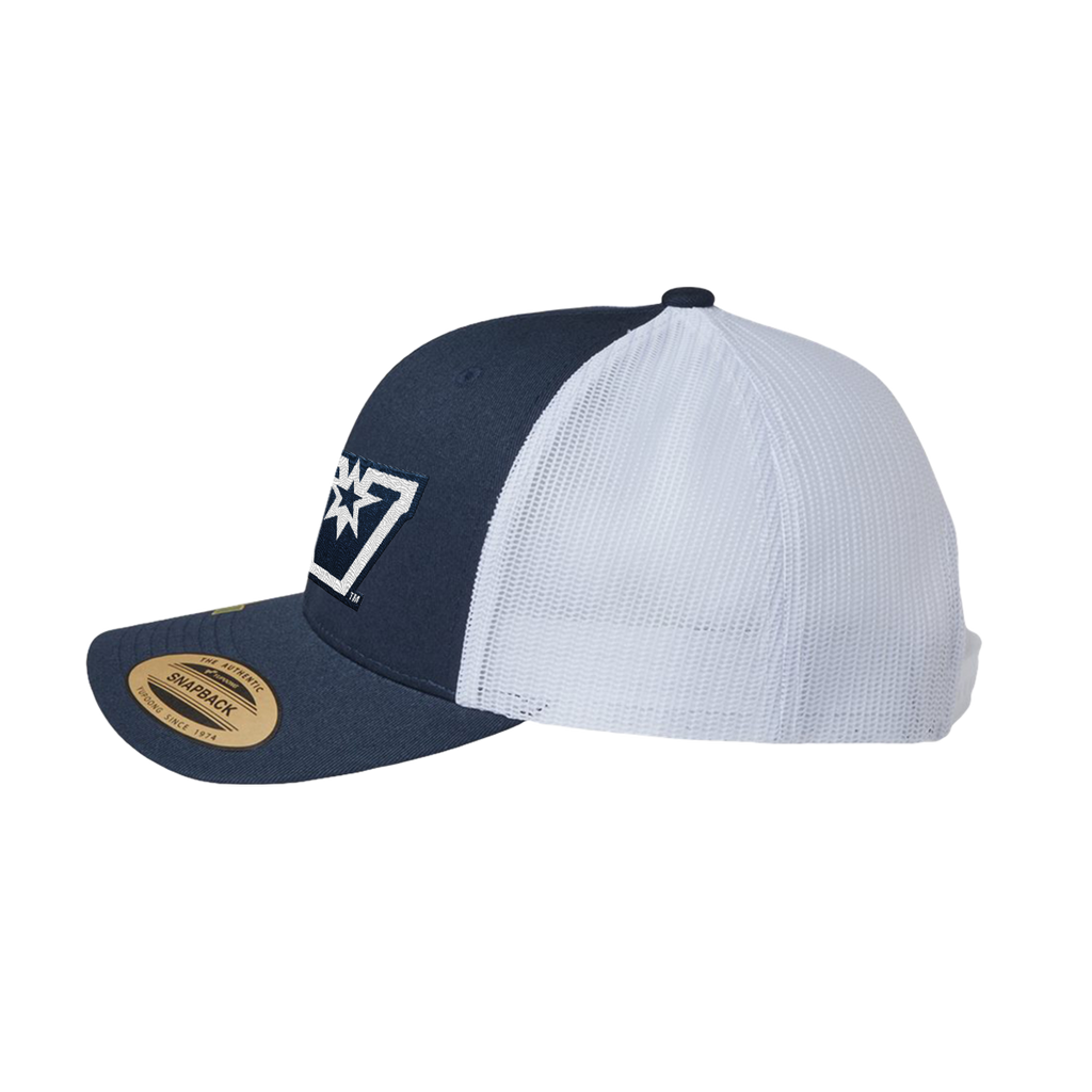 UTRGV™ - Embroidered V-Logo - YP Classics® 5-Panel Classic Trucker Mesh Back Cap – Navy/White