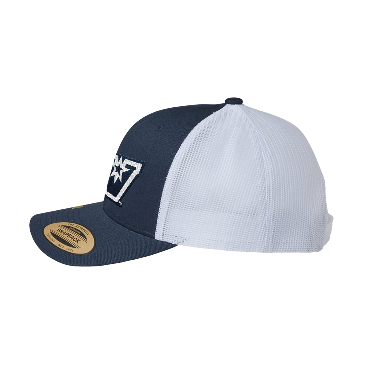 UTRGV™ - Embroidered V-Logo - YP Classics® 5-Panel Classic Trucker Mesh Back Cap – Navy/White