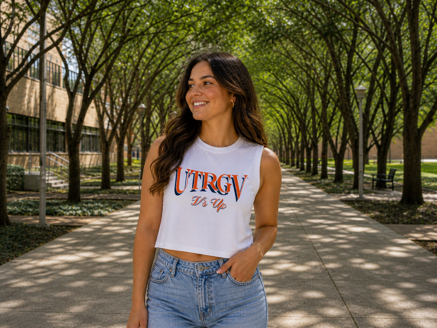 UTRGV™ V’s Up Script Crop Tank - White | Official Licensed Apparel