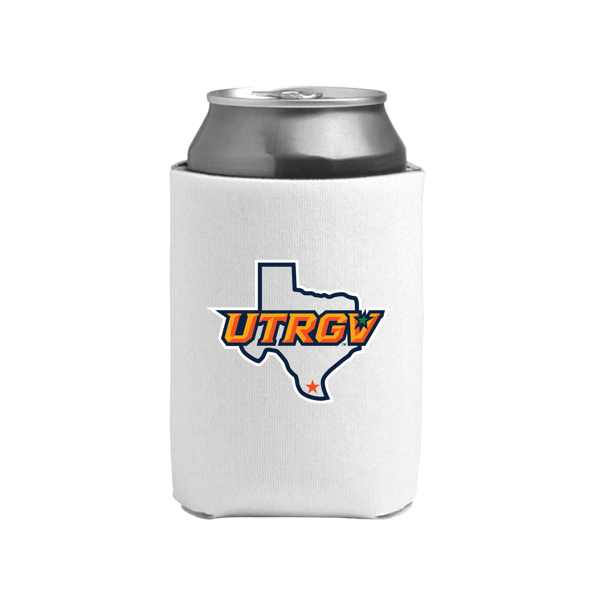 UTRGV™ Texas Logo Can Cooler - White | Official Licensed Beverage Koozie